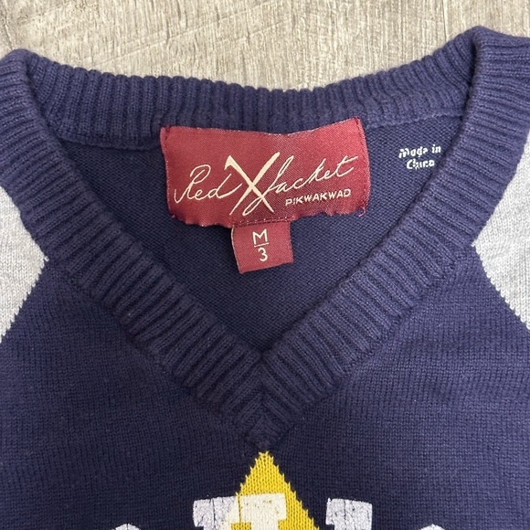 Michigan University Medium V-Neck Sweater Argyle Diamond Navy Blue Maze Gray - Picture 6 of 7